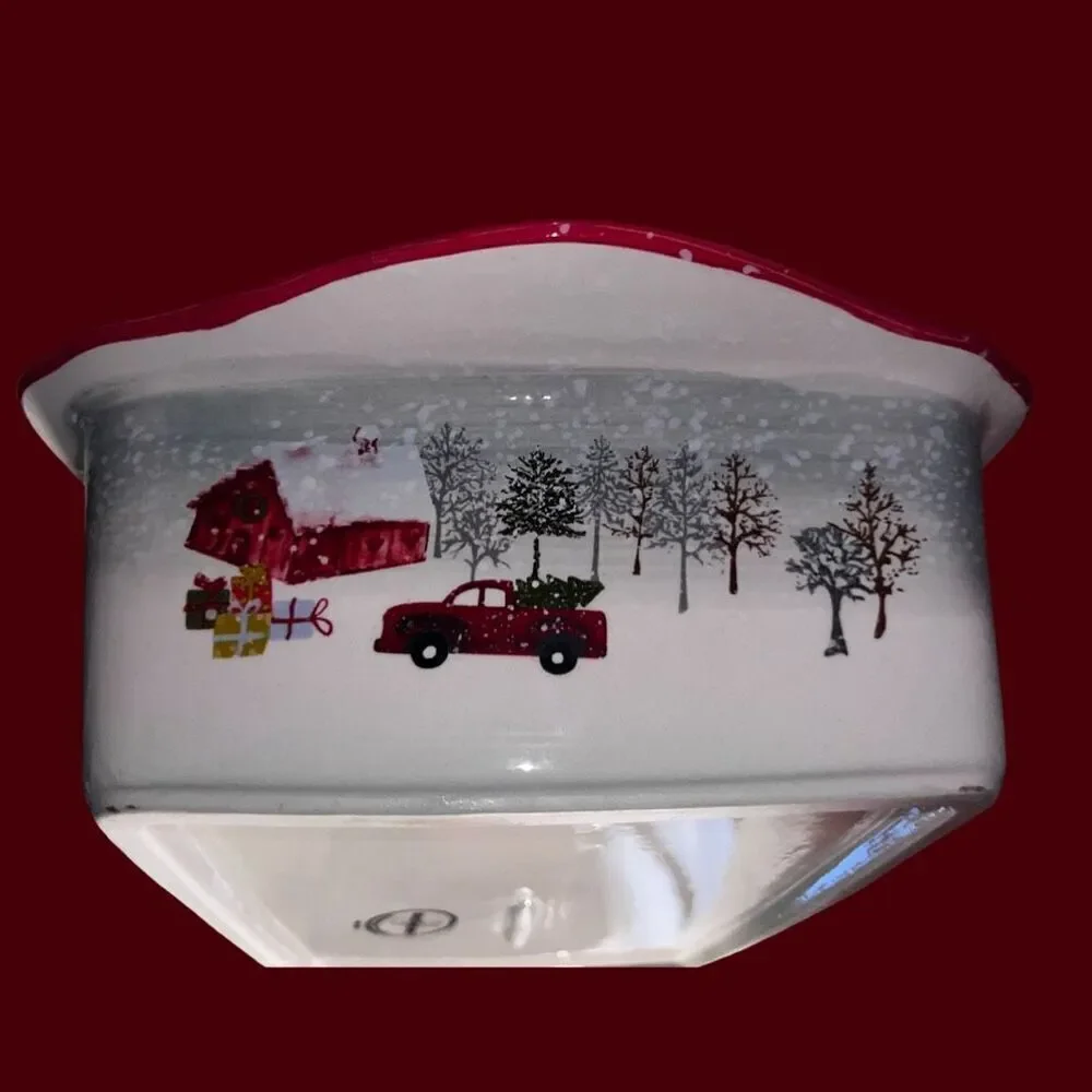 Vintage Grace Bake Shop Holiday Red Truck Christmas Tree Plaid Casserole Dish